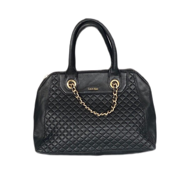 Calvin Klein Black Quilted Faux Leather Tote Handbag Gold Harware Pre Owned - Picture 6 of 9